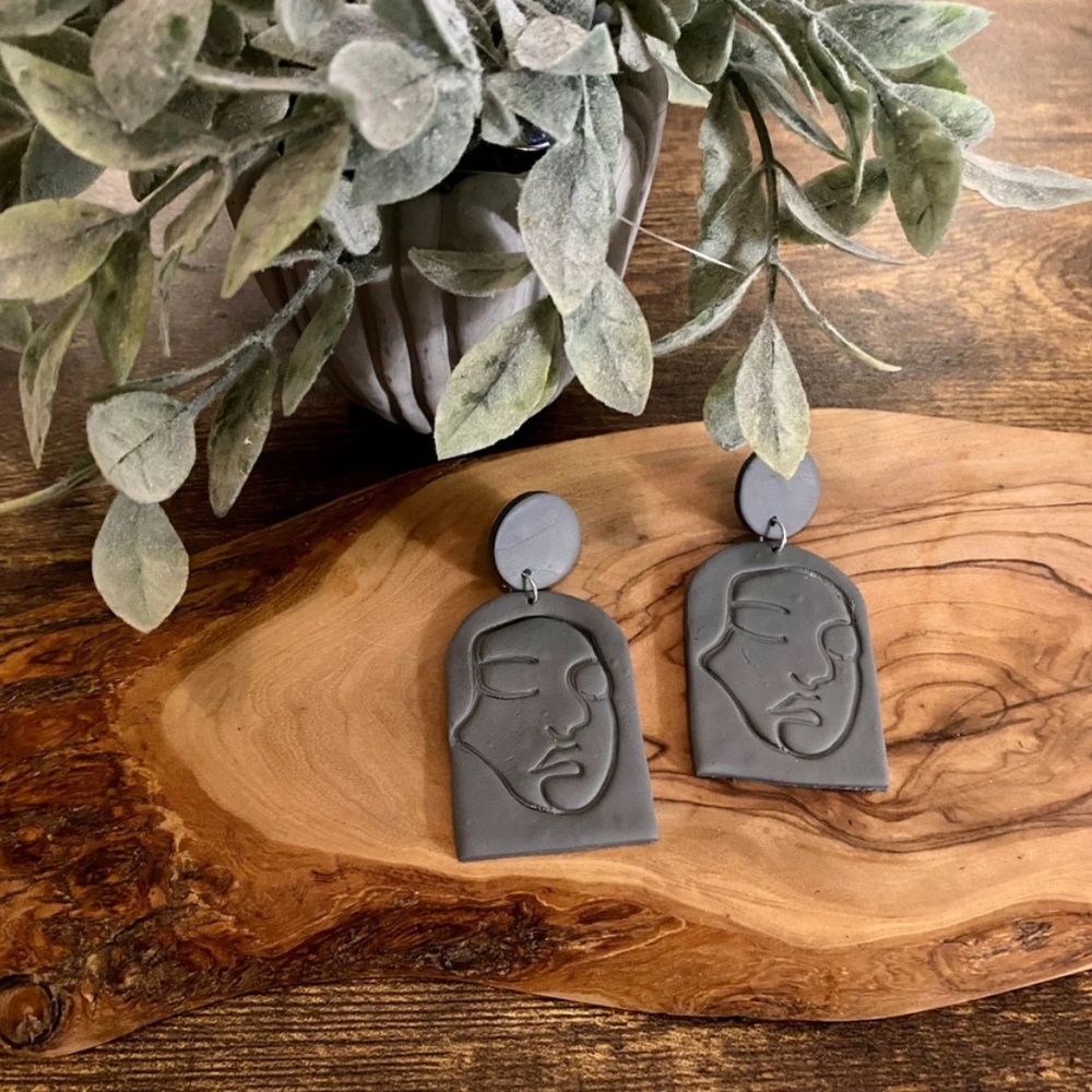 Handmade Clay Earrings | Face Outline Statue | Solid Grey | Push Backs